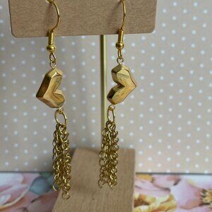 Artisan Handmade Gold Plated Puffy Heart Tassel Dangle Pierced Earrings NWT